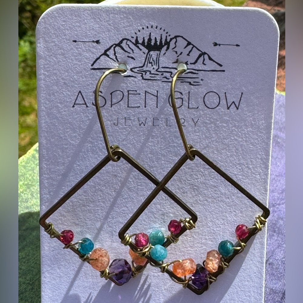 Beaded square earrings, 1.25”